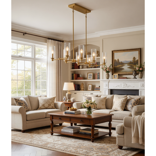 Sunvega Willow Eight Lights Island Pendant Lamp With Clear Ribbed Glass In Satin Brass