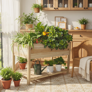 Sunvega Solid Wood Raised Garden Bed Planter Box with Legs and Storage Shelf