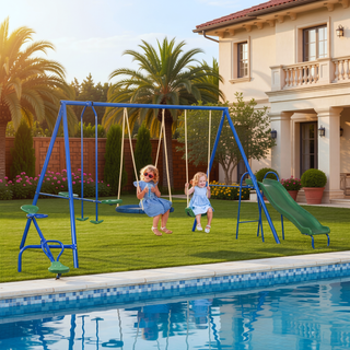 Sunvega Heavy-Duty A-Frame Swing Set with Slide, Seesaw, Glider, and Saucer Swing