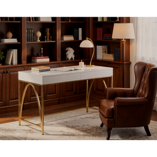 Sunvega White High Gloss Vanity Desk with Gold Finish and 2 Storage Drawers