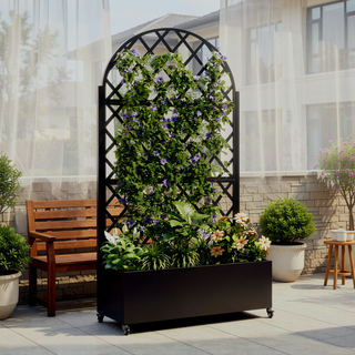 Sunvega Metal Planter Box with Trellis Raised Garden Bed on Wheels for Climbing Plants