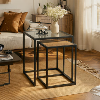 Sunvega Modern Glass & Metal Nesting Table Set with Sleek Frames for Living Room