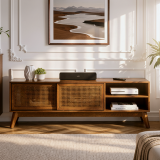 Sunvega Mid Century Modern Rattan Sideboard Cabinet with Adjustable Shelves and Solid Wood Feet