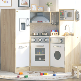 Sunvega Kids Wooden Kitchen Playset with Sound Effects and Stainless Steel Accessories