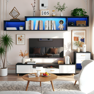 Sunvega Wall Mounted Floating 80 Inch TV Stand with LED Lights and Charging Station