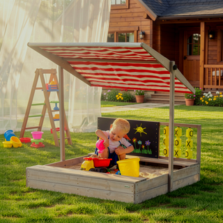 Sunvega Kids Sandbox with Adjustable Canopy Lid Bench and Chalkboard Games