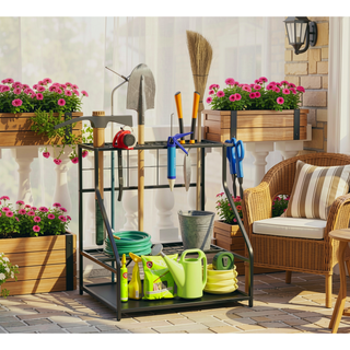 Sunvega 3-Tier Garden Tool Storage Rack with Hooks for Long-Handled Tools and Brooms