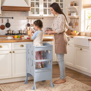 Sunvega Foldable Wooden Kitchen Step Stool for Kids with Safety Rail and Support Handles