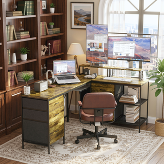 Sunvega 114 Inch Industrial L-Shaped Computer Desk with Power Outlets USB-C and 6 Fabric Drawers