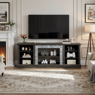 Sunvega 70.12" White Faux Stacked Stone Media Console with Large Storage Cabinet