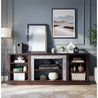 Sunvega 70.12" White Faux Stacked Stone Media Console with Large Storage Cabinet