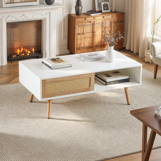 Sunvega Rattan Woven Coffee Table with Sliding Door Storage and Solid Wood Legs