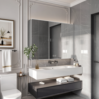 Sunvega Aluminium Medicine Cabinet Mirror with LED Light Defogging Function Cosmetic Storage Rack