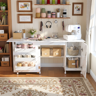 Sunvega 4-in-1 Folding Sewing Table with Lockable Wheels and Shelves for Crafting