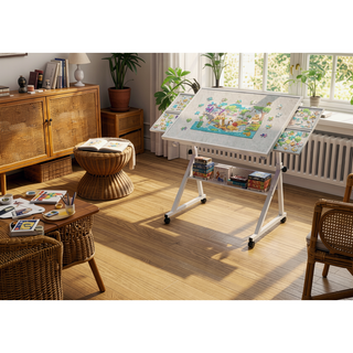 Sunvega Adjustable Height and Angle Puzzle Table with 4 Felt Storage Trays and Wooden Cover