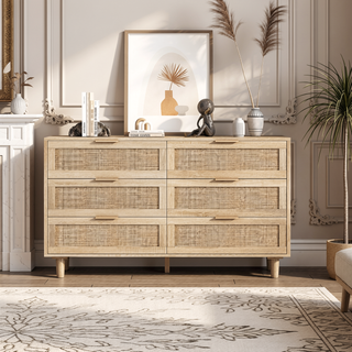 Sunvega Modern Natural Rattan 6 Drawer Dresser with Wood Legs for Bedroom Storage