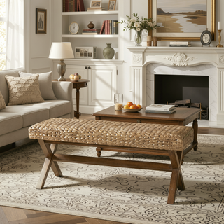 Sunvega Chestnut Wood Finish Seagrass Woven Dining or Bedroom Bench
