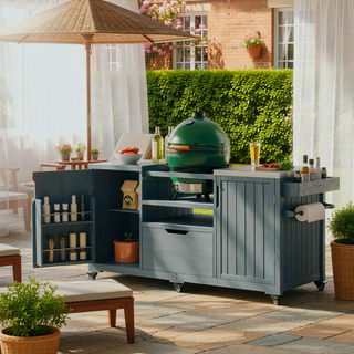 Sunvega 66.5" Solid Fir Wood Outdoor Kitchen Island Cart with Stainless Steel Top for Big Green Egg Grills