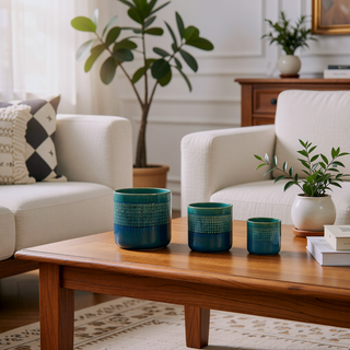 Sunvega Modern Glossy Blue Green Ceramic Planter with Grid Design for Indoor Outdoor Use