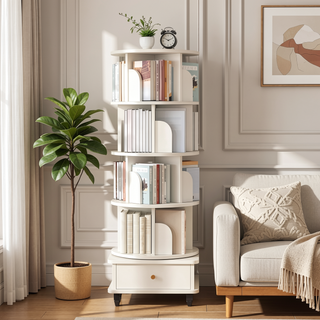 Sunvega 360° Rotating Bookshelf with Wheels and Drawer for Space-Saving Storage