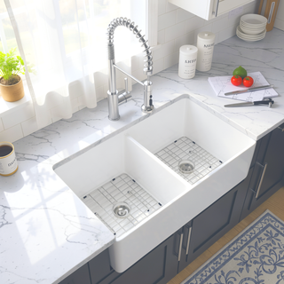 Sunvega 33 Inch White Porcelain Ceramic Farmhouse Kitchen Sink Workstation with Reversible Apron