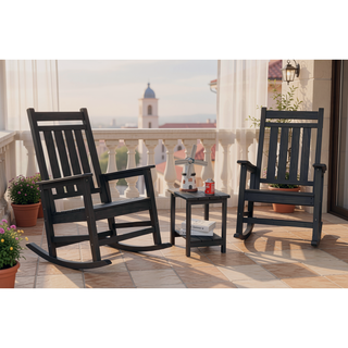 Sunvega All Weather-resistant Black Rocking Chair Set with Wood-Texture and Side Table
