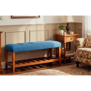 Sunvega Light Blue Fabric Upholstered Tufted Bench with Oak Finish Wooden Legs