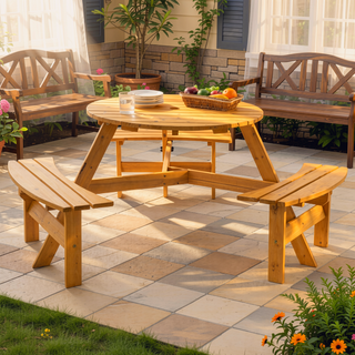 Sunvega Fir Wood Picnic Table with 2 Benches 75 Inch Dining Surface 2220lb Capacity