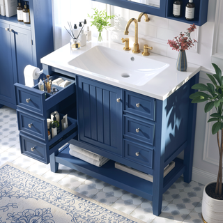 Sunvega 36 Inch Bathroom Vanity Cabinet Base with Drawers and Open Shelf in Black
