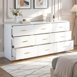 Sunvega Modern Black 9-Drawer Dresser with Golden Handles for Bedroom Storage
