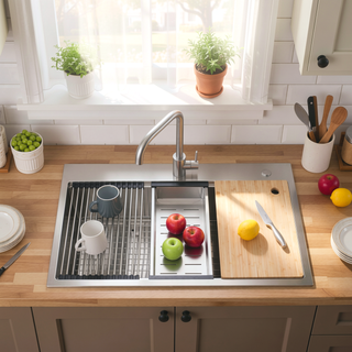 Sunvega 32x19 Inch Overmount Single Bowl Kitchen Sink in Brushed Nickel
