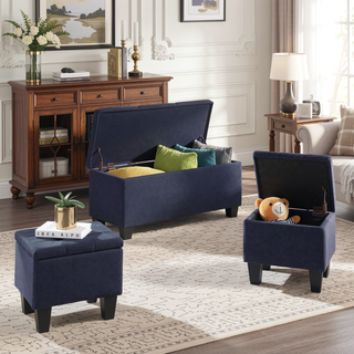 Sunvega Large Storage Ottoman Bench with Tufted Linen Design for Living Room