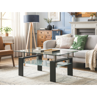 Sunvega Modern Clear Glass Coffee Table with Double Layer Storage for Living Room