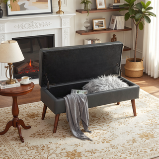 Sunvega Tufted Beige Storage Ottoman Bench with Safety Hinge for Bedroom