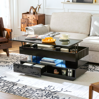 Sunvega Modern Lift Top Coffee Table with LED Lights 2 Drawers and Hidden Storage