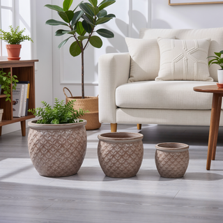 Sunvega Handmade Ceramic Flower Pot Set of Three Graduated Sizes with Floral Embossed Pattern