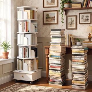 Sunvega 360° Rotating Bookshelf with Wheels and Drawer for Space-Saving Storage