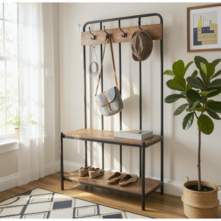 Sunvega Dark Brown Iron and Mango Wood Hall Tree with Four Hooks