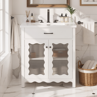 Sunvega Modern 30 Inch Bathroom Vanity with Ceramic Sink and Tempered Glass