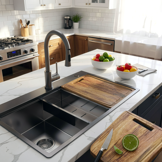 Sunvega 32 Inch Gunmetal Black Workstation Sink with Accessories and Jewelry-Grade PVD Coating