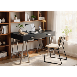 Sunvega Black High Gloss Writing Desk with USB Port and Two Storage Drawers