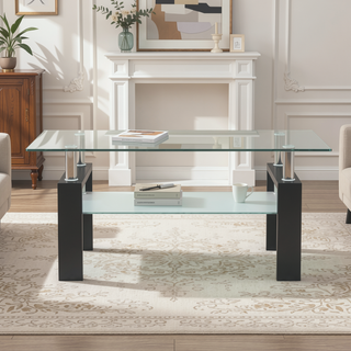 Sunvega Modern Clear Glass Coffee Table with Double Layer Storage for Living Room