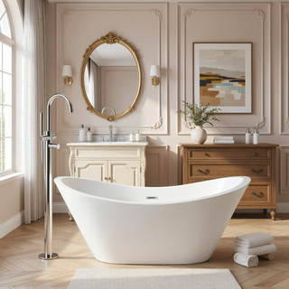 Sunvega 59 Inch Acrylic Freestanding Soaking Tub with Gold Overflow Drain