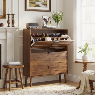 Sunvega Farmhouse Shoe Cabinet with 2 Flip Drawers and Anti-Tipping Device for Corridors