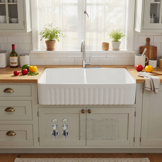 Sunvega Farmhouse Ceramic White Kitchen Double Basin Sink with Sound Dampening