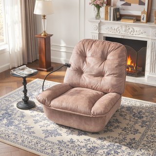Sunvega Ivory Gold-Stamped Velvet Recliner with Swivel Gliding Rocking and Mobile Phone Holder