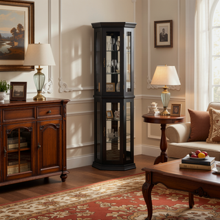 Sunvega Corner Curio Cabinet with LED Lighting and 4 Adjustable Glass Shelves