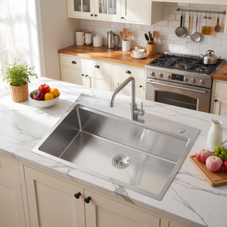 Sunvega 32x19 Inch Overmount Single Bowl Kitchen Sink in Brushed Nickel