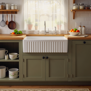 Sunvega 33 Inch White Porcelain Ceramic Farmhouse Kitchen Sink Workstation with Reversible Apron