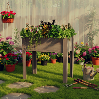 Sunvega Natural Solid Wood Raised Garden Bed with Legs for Outdoor Plants Flowers Fruits Vegetable Herb Growing